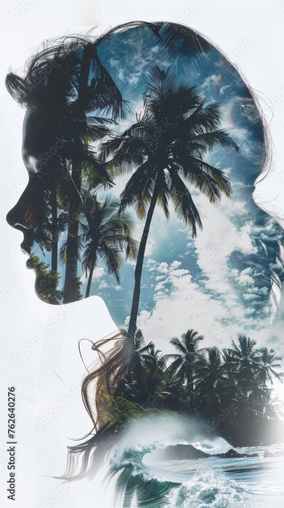 Aufkleber A double exposure featuring a womans face overlaid with palm trees in the background. The blending creates a unique and artistic visual effect.
