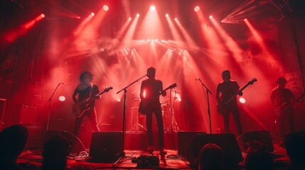 A rock band performs at a concert wearing red