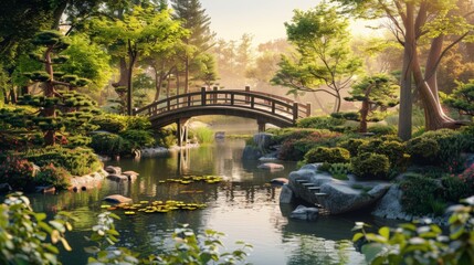 Fototapeta na wymiar A realistic painting depicting a bridge spanning over a tranquil pond. The bridge is the focal point, stretching gracefully across the water, with reflections dancing below.