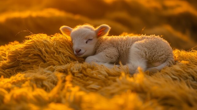  A lamb naps on a mound of fluffy, sunlit grass under cloudy skies