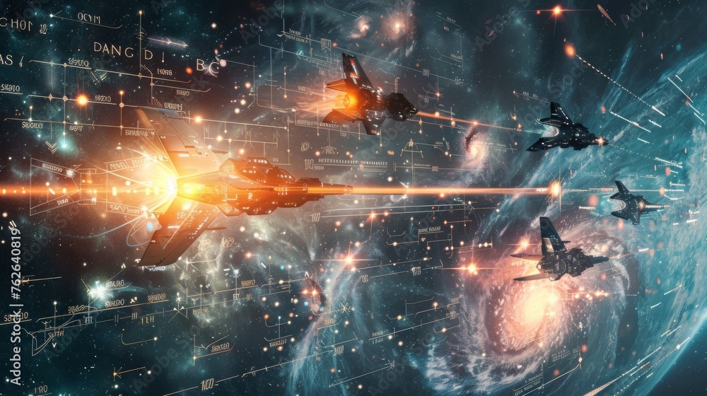 Poster multiple spaceships flying through a vast expanse of space filled with twinkling stars. the scene is