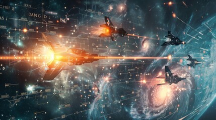 Multiple spaceships flying through a vast expanse of space filled with twinkling stars. The scene is dynamic as the ships navigate through the starry sky, showcasing a sense of movement and action.