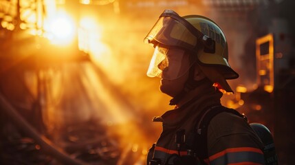 A firefighter in full gear bravely stands in front of a raging fire, ready to combat the flames with determination and courage. The intense heat and smoke fills the air as the firefighter assesses the - obrazy, fototapety, plakaty