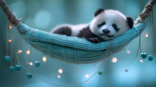  A pand bear in a hammock with lit strings beside it