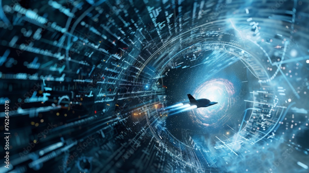 Poster A blue space ship is flying through a tunnel. The tunnel is filled with numbers and symbols. The space ship is the main focus of the image