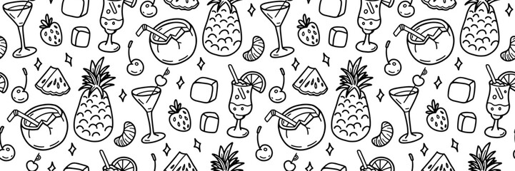 Summer cocktails line Pattern for menu, bar. Drinks and exotic fruits, berries doodle icons.