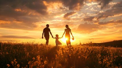 A family joyfully running together in a field during sunset ,Silhouette of happy family walking in the meadow at sunset - Mother, father and child son having fun outdoors enjoying time together 
 - obrazy, fototapety, plakaty