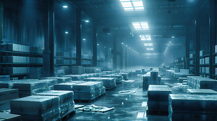 Organized Industrial Space: A Warehouse Interior with Boxes on Shelves, Ready for Distribution and Logistics - Powered by Adobe