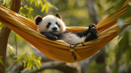  A panda bear rests in a tree hammock, supporting itself with its paws
