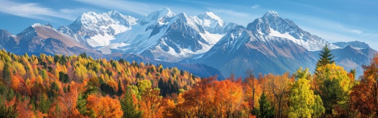 A detailed painting capturing the vibrant colors of a mountain range in autumn. The golden, orange, and red hues of the trees stand out against the backdrop of towering peaks under a clear sky. - Powered by Adobe