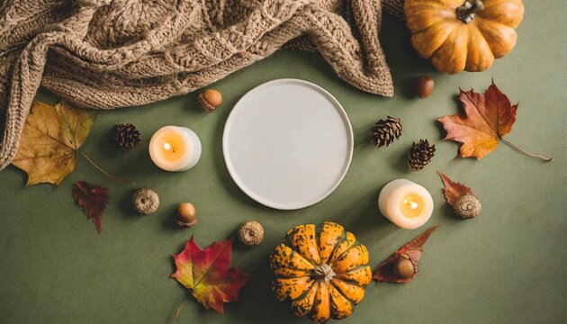 enchanting fall aesthetic concept top view photo of candles warm cashmere plaid acorns pumpkins maple leaves on olive background with blank circle for promo or message