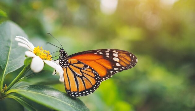 closeup of orange and black butterfly with white flower on blurred green leaf background under sunlight with copy space using as background natural flora insect ecology cover page concept