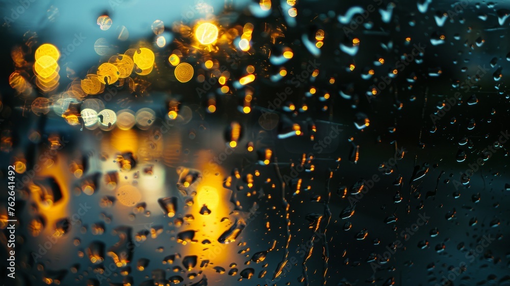 Poster rain drops are seen cascading down the window of a car during the night, creating a blurred effect. 