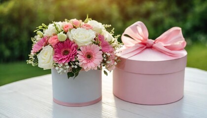 beautiful bouquet of flowers in round box and pink gift box on a white table gift for holiday birthday wedding mother s day valentine s day women s day floral arrangement in a hat box