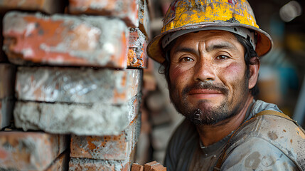 Latin Mexican man, who is dedicated to masonry work, is a bricklayer and his work is in construction