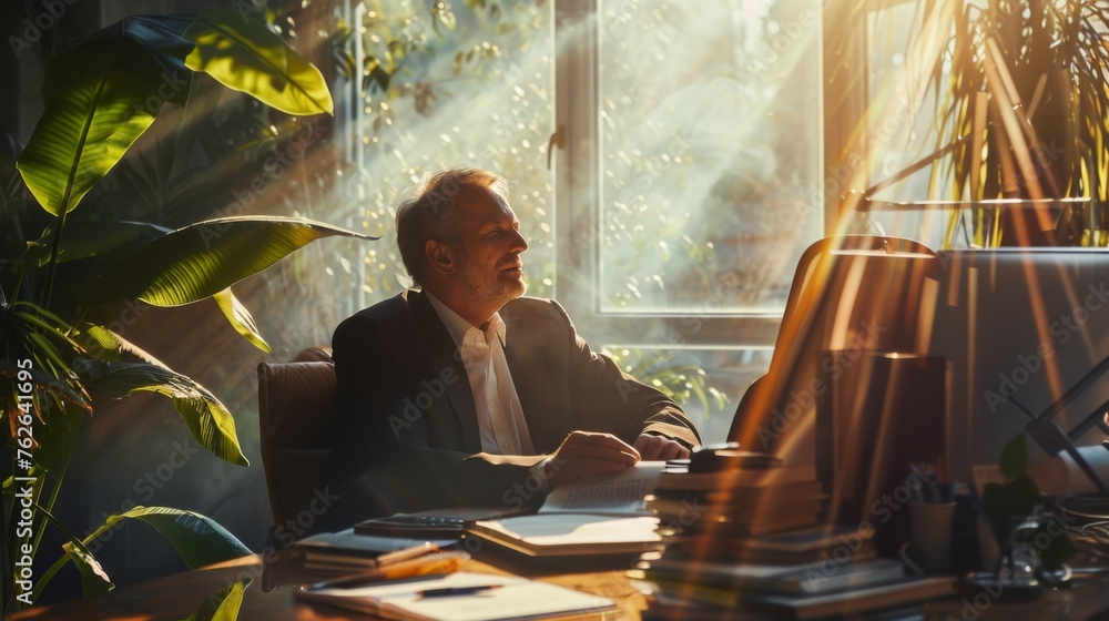 Poster A man in a suit is sitting at a desk with a computer monitor in front of him. He is smiling and he is enjoying his work. The room is filled with plants, giving it a natural and calming atmosphere