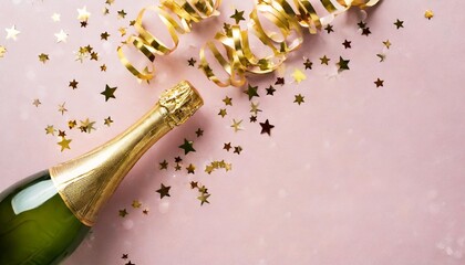 golden champagne bottle with confetti stars holiday decoration and party streamers on light pink background christmas birthday or new year greeting card