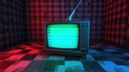 Vintage TV Resting on Checkered Floor Generative AI