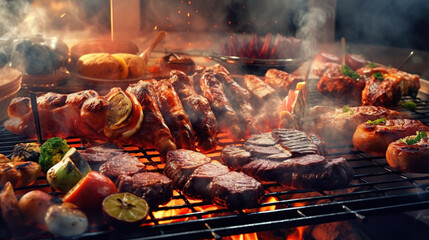 Assorted meat grilling over a BBQ - obrazy, fototapety, plakaty