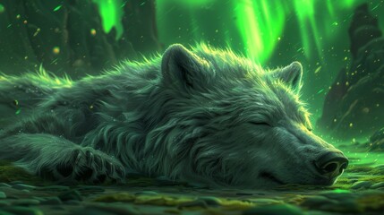  A white wolf lying in front of a green and yellow lit forest in a painting