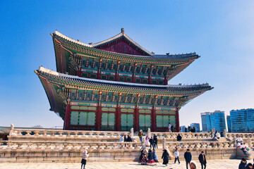 Seoul , South Korea - March 01,2024 : Winter at Gyeongbokgung Palace best landmark in Seoul,South Korea - obrazy, fototapety, plakaty