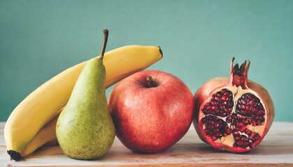 fruit poster set apple pear banana and pomegranate modern style pastel colors