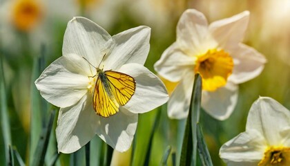 spring solar morning group of white yellow narcissuses the cabbage white butterfly sits on one of flowers