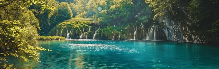 A body of water sits amidst a dense forest, with trees towering around it. The tranquil scene showcases the harmony between water and nature.