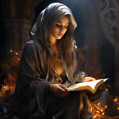 Woman dressed in a black tunic and hood, reads and in a magical and fantastic environment - obrazy, fototapety, plakaty