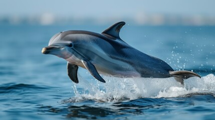  Dolphin jumping from water, mouth open, head above