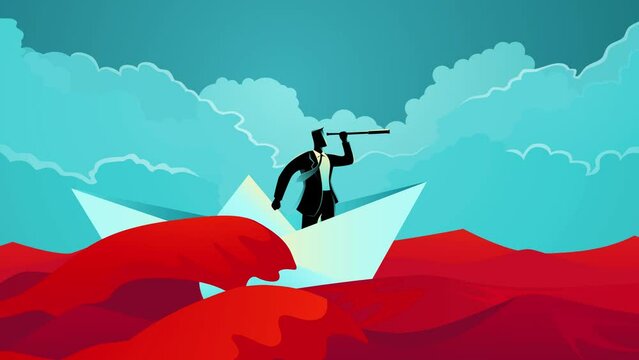 Businessman struggle to wade through the red sea with paper boats. A powerful metaphor for overcoming obstacles, navigating difficulties, and persevering against all odds