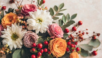 autumn pastel composition made of beautiful flowers and berries on light backdrop floristic decoration natural floral background - obrazy, fototapety, plakaty