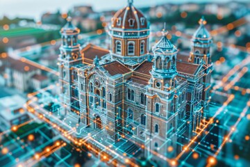 A digitalized representation of a classic building with glowing lines depicting data or connectivity superimposed on a cityscape background. - obrazy, fototapety, plakaty