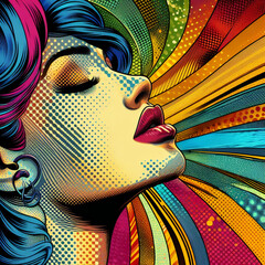 A colorful pop art style woman is closing her eyes and savoring the moment.