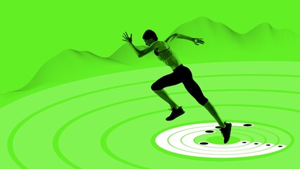 Dynamic image of athletic woman in motion, running, training against green background with fitness tracking app element. Concept of sport, active and heathy lifestyle, training