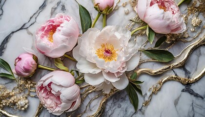 a marble canvas reveals veins like rivers of silver pale pink peonies art design for wedding jewel gem fashion opulence glamour