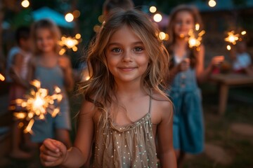 Obraz na płótnie Canvas A joyful girl with sparkling blue eyes and freckles smiles brightly, surrounded by blurred figures with sparklers in a festive atmosphere.