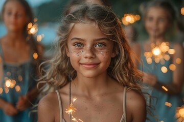 A joyful girl with sparkling blue eyes and freckles smiles brightly, surrounded by blurred figures with sparklers in a festive atmosphere. - obrazy, fototapety, plakaty