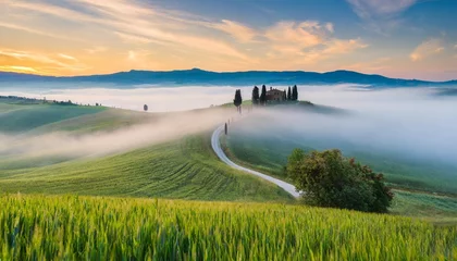 Foto auf Glas fairytale misty morning in the most picturesque part of tuscany val de orcia valleys © Faith