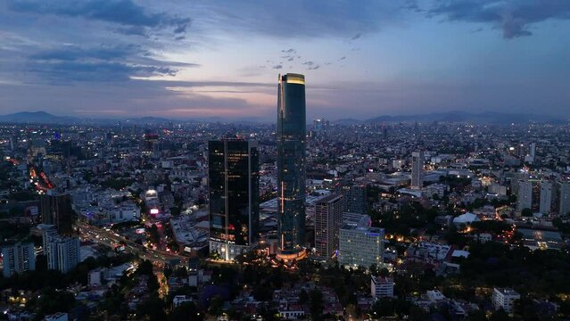 Sunset view from one of the tallest skyscrapers in Mexico City, seen from above