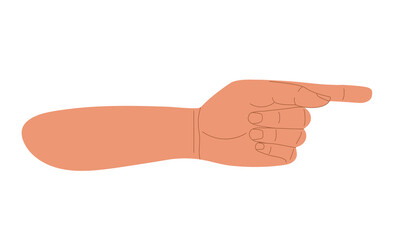 Human hand points way with finger, forefinger. Pointer to left. Pointing Hand Gesture. Flat vector illustration isolated on white background. Template, banner, poster. Right pointing backhand index