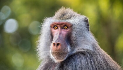 adult old baboon monkey pavian papio hamadryas close face expression observing staring vigilant looking at camera with green bokeh background out focus hairy adult baboon with silver grey hair