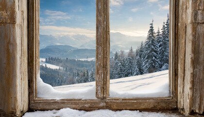 old window with snowy beautiful landscape