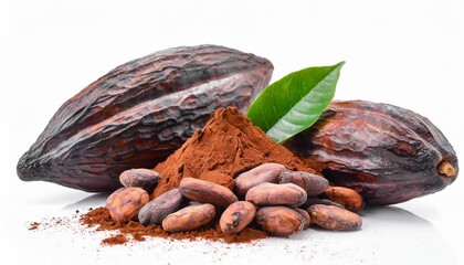 roasted cocoa beans powder and pods isolated on white background