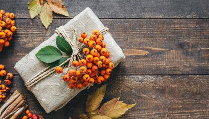 autumn gift with rowan wrapped in fabric on brown rustic background a traditional furoshiki gift top view flat lay copy space - obrazy, fototapety, plakaty