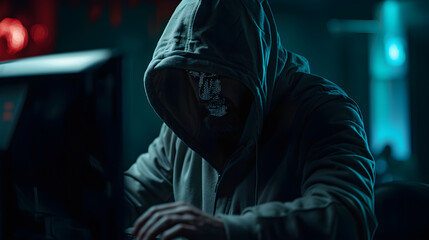Eerie Depiction of Identity Theft: Hooded Figure Hacking in the Shadows