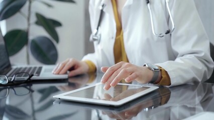 Doctor woman using using tablet on the glass desk in medical office. Medicine and health care