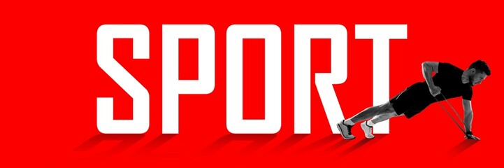 Athletic man training, doing exercises with fitness resistance bands against red background with big sport word. Concept of sport, active and heathy lifestyle, training, fitness. Poster, ad