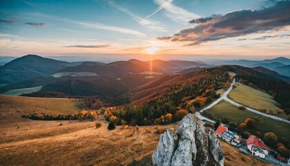 colorful sunset in the mountains of the little carpathians in slovakia at autumn evening discover the mountains from drone - obrazy, fototapety, plakaty