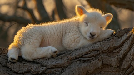  Small white sheep lying on top of a branch with head resting on back